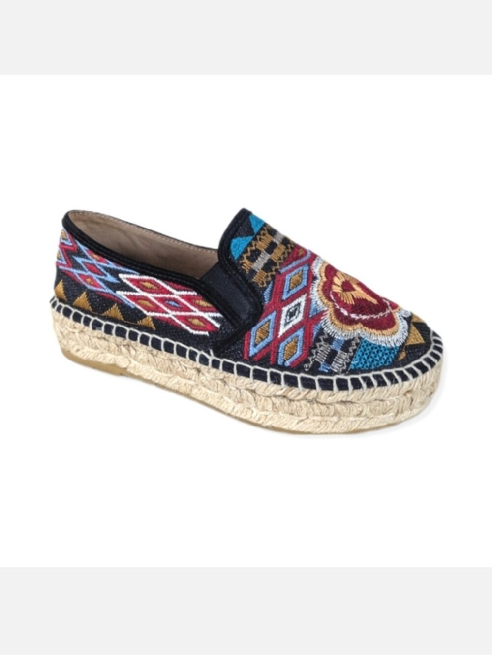 Johnny Was Black Embroidered Floral Boho Espadrille Shoes